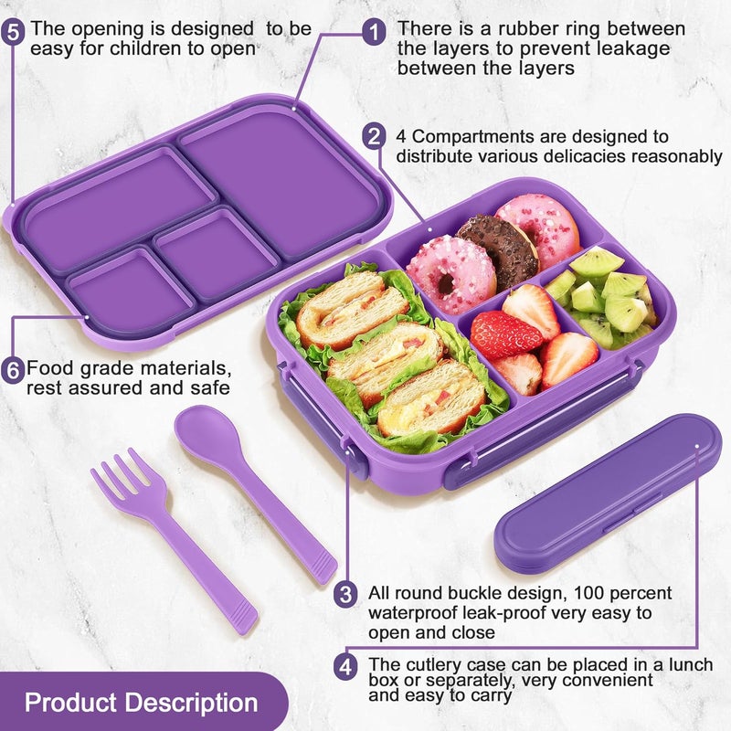 Amathley Lunch Box Kids,Bento Box Adult,Leakproof Lunch Containers for Adults/Kids/Toddler,1200ML-4 Compartments bento Lunch box with Utensil,Microwave & Dishwasher & Freezer Safe (Purple) - Image 3